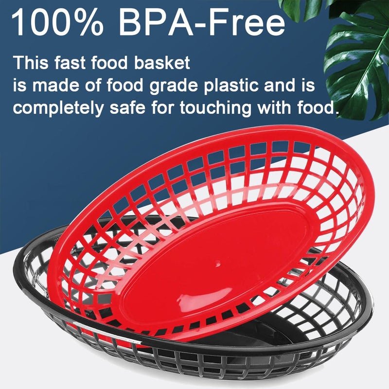LOSYHU 50 Pack Fast Food Baskets  9"" x 5.7"" Reusable Plastic Food Serving Baskets  Plastic Oval Food Baskets for Party Picnic BBQ Burger Fries Sandwiches  Black and Red - Image 3